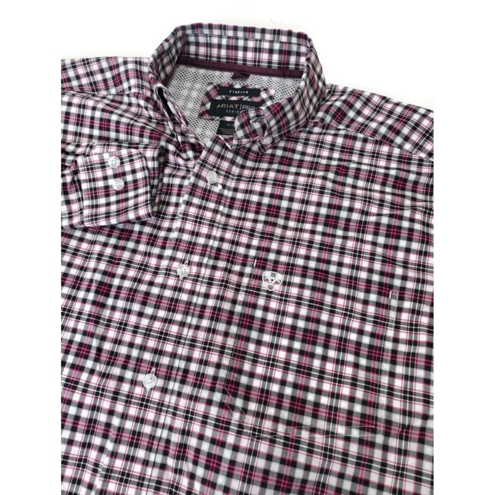 Ariat Pro Series Mens Small Pink Black Plaid Stretch LS Button Down Shirt